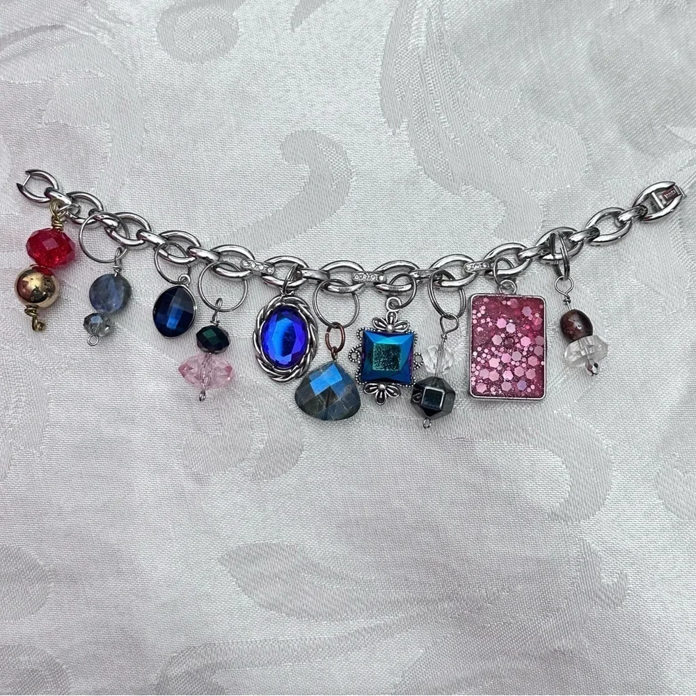 Collage Multicolored Handmade Charm Bracelet Repurposed Silver Tone Chain 4343